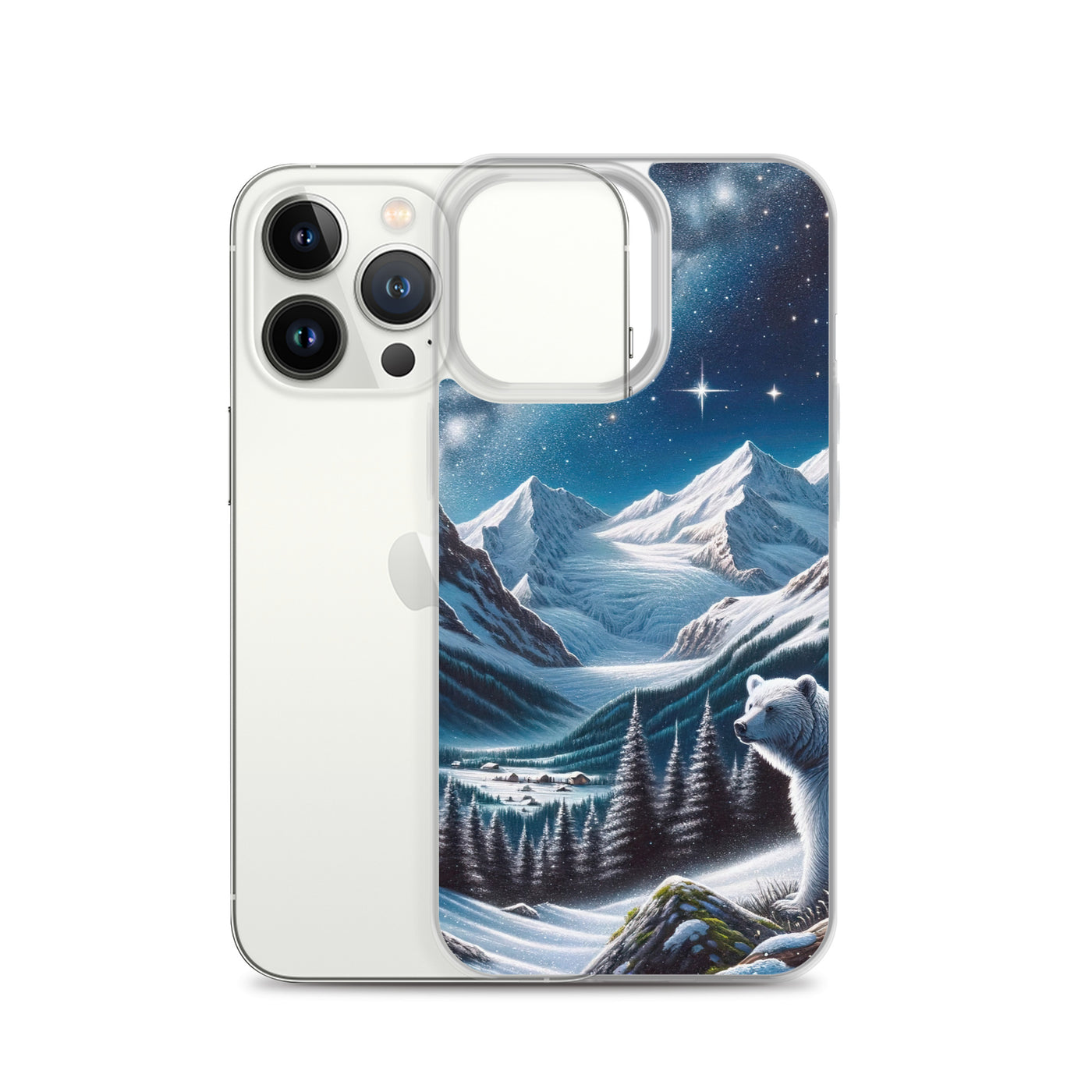 Sternennacht und Eisbär: Acrylgemälde mit Milchstraße, Alpen und schneebedeckte Gipfel - iPhone Schutzhülle (durchsichtig) camping xxx yyy zzz