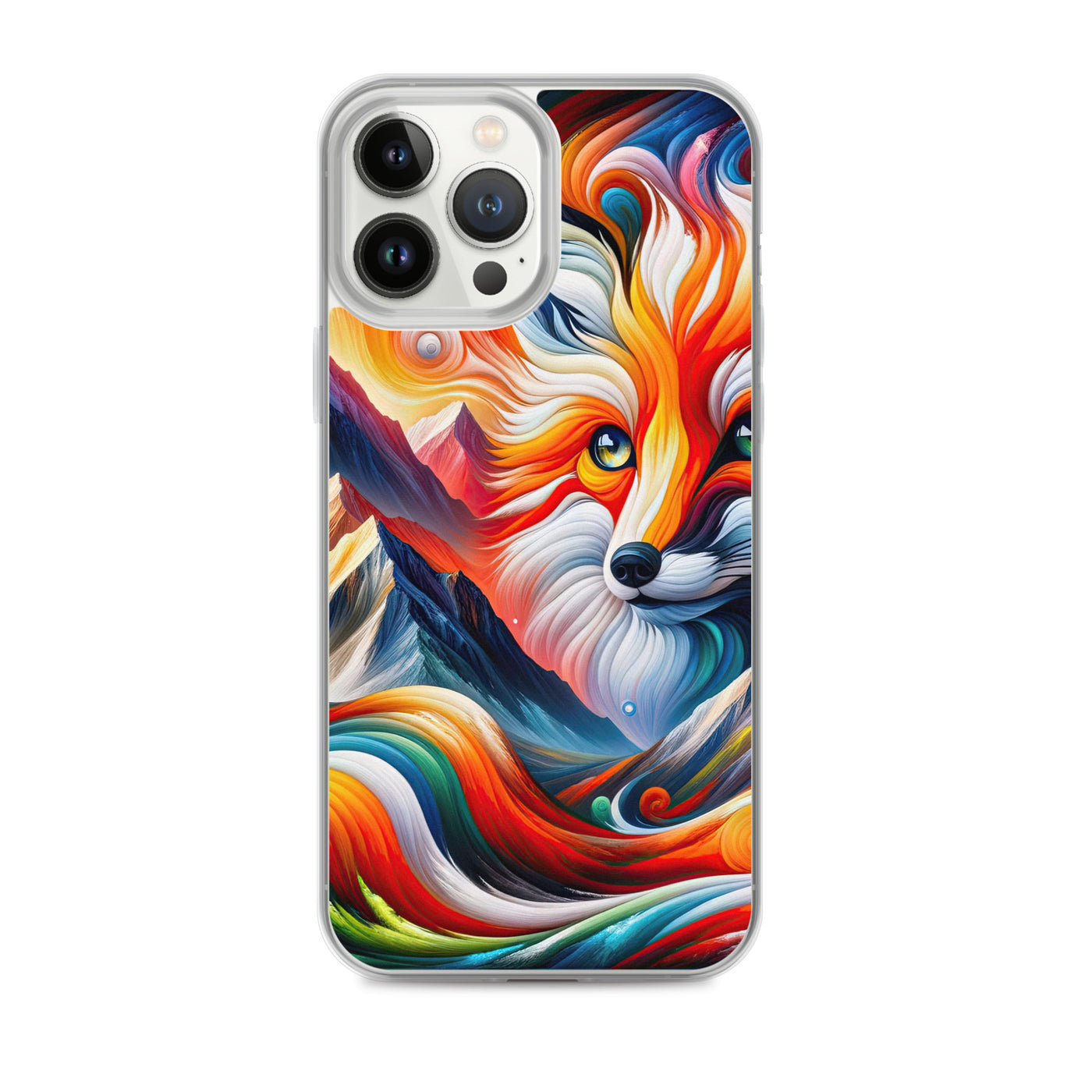 Abstrakte Kunst der Alpen voller lebendiger Farben und dynamischer Bewegung. Es dominiert ein farbiger Fuchs - iPhone Schutzhülle (durchsichtig) camping xxx yyy zzz iPhone 13 Pro Max