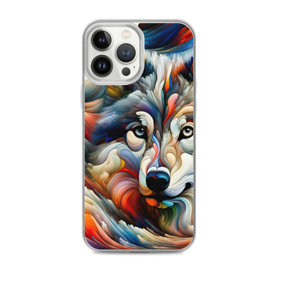 Abstrakte Kunst der Alpen mit einem Wolf. Chaotischer Tanz aus Farben und Formen. Surreale Landschaft (AN) - iPhone Schutzhülle (durchsichtig) xxx yyy zzz iPhone 13 Pro Max