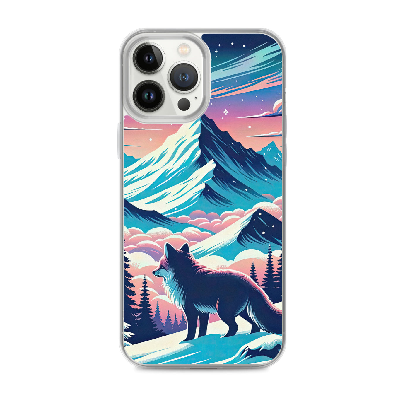 Vektorgrafik eines alpinen Winterwunderlandes mit schneebedeckten Kiefern und einem Fuchs - iPhone Schutzhülle (durchsichtig) camping xxx yyy zzz iPhone 13 Pro Max