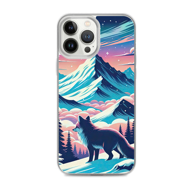 Vektorgrafik eines alpinen Winterwunderlandes mit schneebedeckten Kiefern und einem Fuchs - iPhone Schutzhülle (durchsichtig) camping xxx yyy zzz iPhone 13 Pro Max