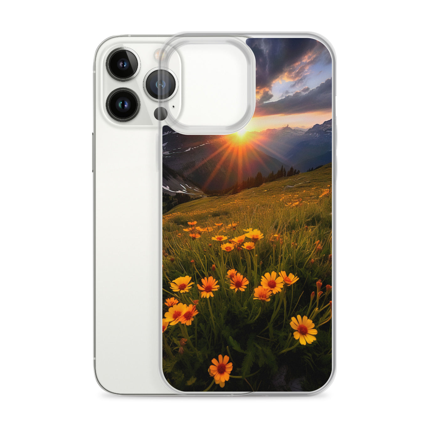 Gebirge, Sonnenblumen und Sonnenaufgang - iPhone Schutzhülle (durchsichtig) berge xxx