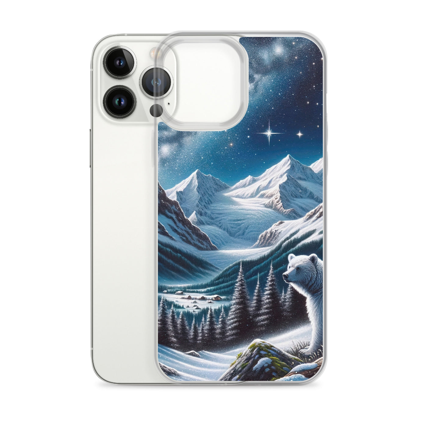 Sternennacht und Eisbär: Acrylgemälde mit Milchstraße, Alpen und schneebedeckte Gipfel - iPhone Schutzhülle (durchsichtig) camping xxx yyy zzz