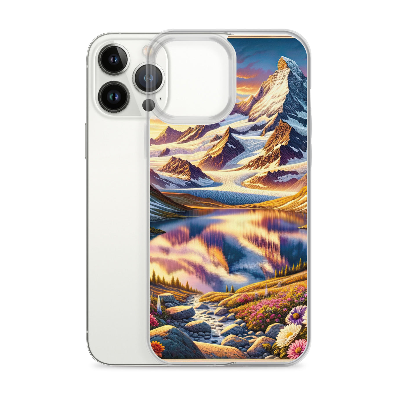 Quadratische Illustration der Alpen mit schneebedeckten Gipfeln und Wildblumen - iPhone Schutzhülle (durchsichtig) berge xxx yyy zzz