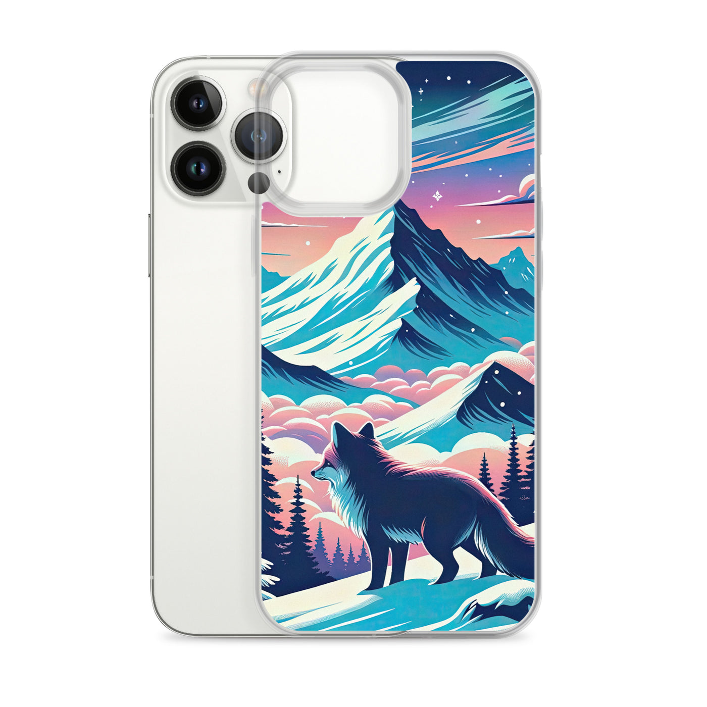 Vektorgrafik eines alpinen Winterwunderlandes mit schneebedeckten Kiefern und einem Fuchs - iPhone Schutzhülle (durchsichtig) camping xxx yyy zzz