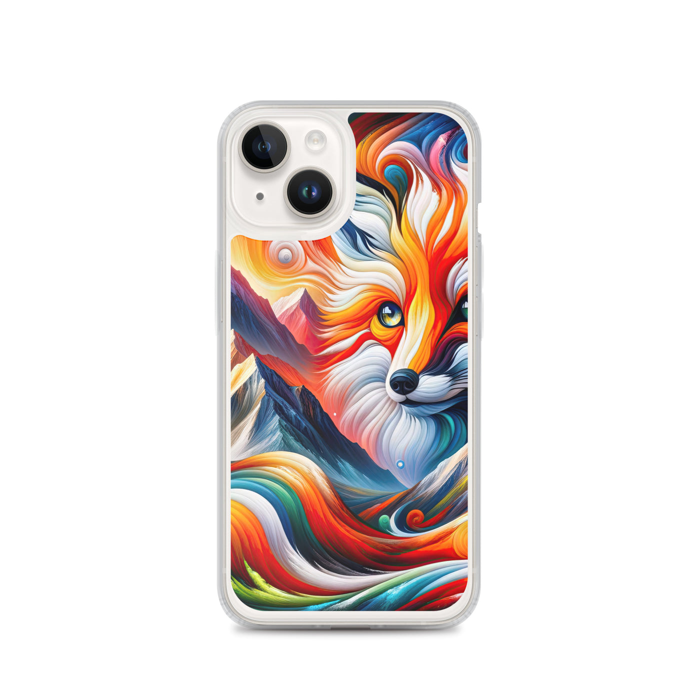 Abstrakte Kunst der Alpen voller lebendiger Farben und dynamischer Bewegung. Es dominiert ein farbiger Fuchs - iPhone Schutzhülle (durchsichtig) camping xxx yyy zzz iPhone 14