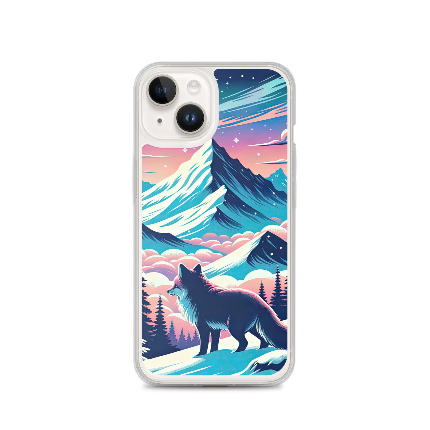 Vektorgrafik eines alpinen Winterwunderlandes mit schneebedeckten Kiefern und einem Fuchs - iPhone Schutzhülle (durchsichtig) camping xxx yyy zzz iPhone 14