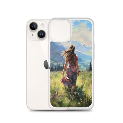 Frau mit langen Kleid im Feld mit Blumen - Berge im Hintergrund - Malerei - iPhone Schutzhülle (durchsichtig) berge xxx