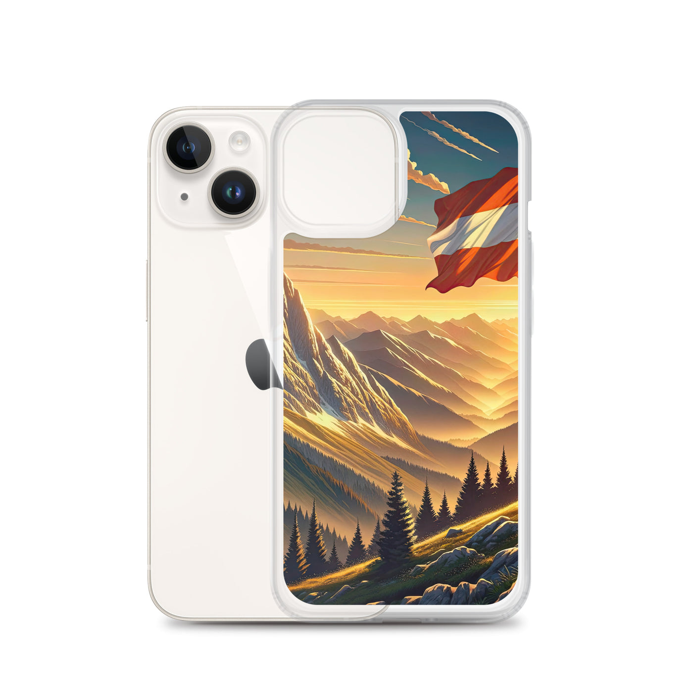 Ruhiger Alpenabend mit österreichischer Flagge und goldenem Sonnenuntergang - iPhone Schutzhülle (durchsichtig) berge xxx yyy zzz