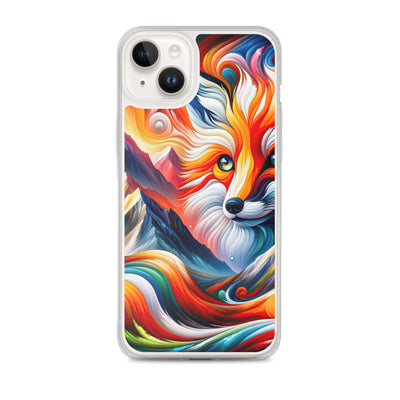 Abstrakte Kunst der Alpen voller lebendiger Farben und dynamischer Bewegung. Es dominiert ein farbiger Fuchs - iPhone Schutzhülle (durchsichtig) camping xxx yyy zzz iPhone 14 Plus