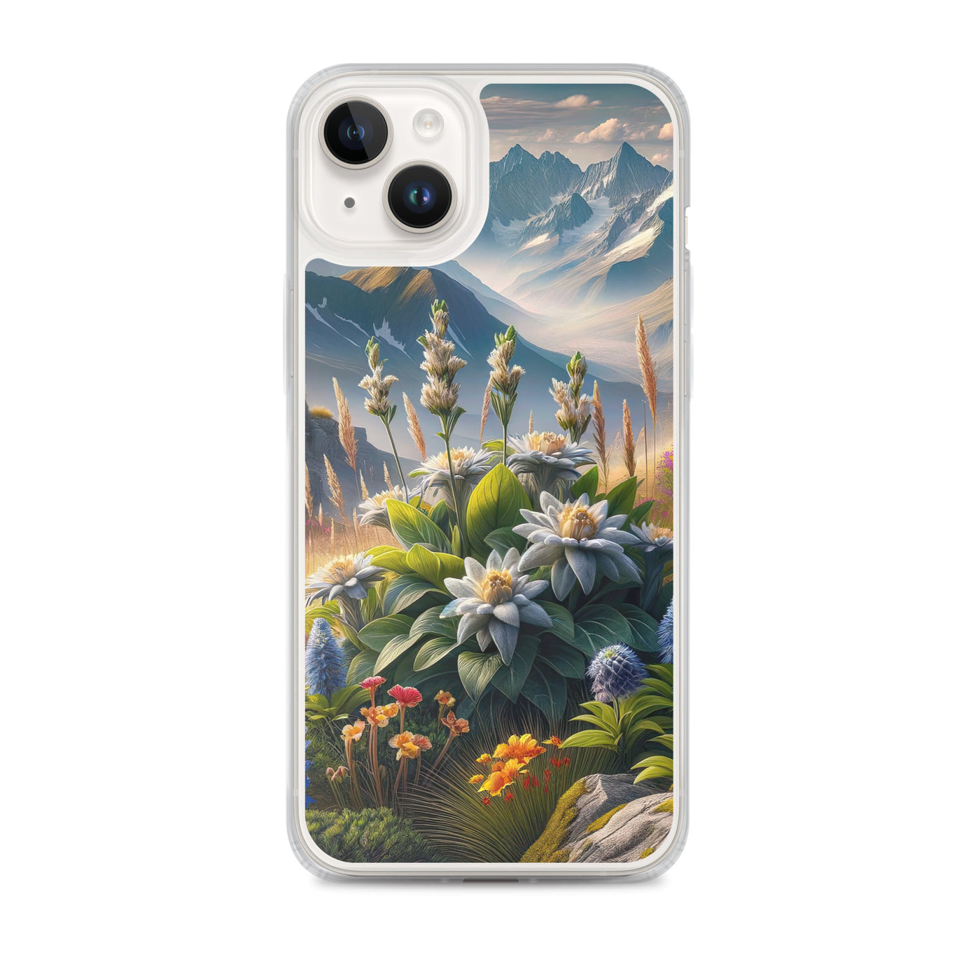 Alpine Flora: Digitales Kunstwerk mit lebendigen Blumen - iPhone Schutzhülle (durchsichtig) berge xxx yyy zzz iPhone 14 Plus