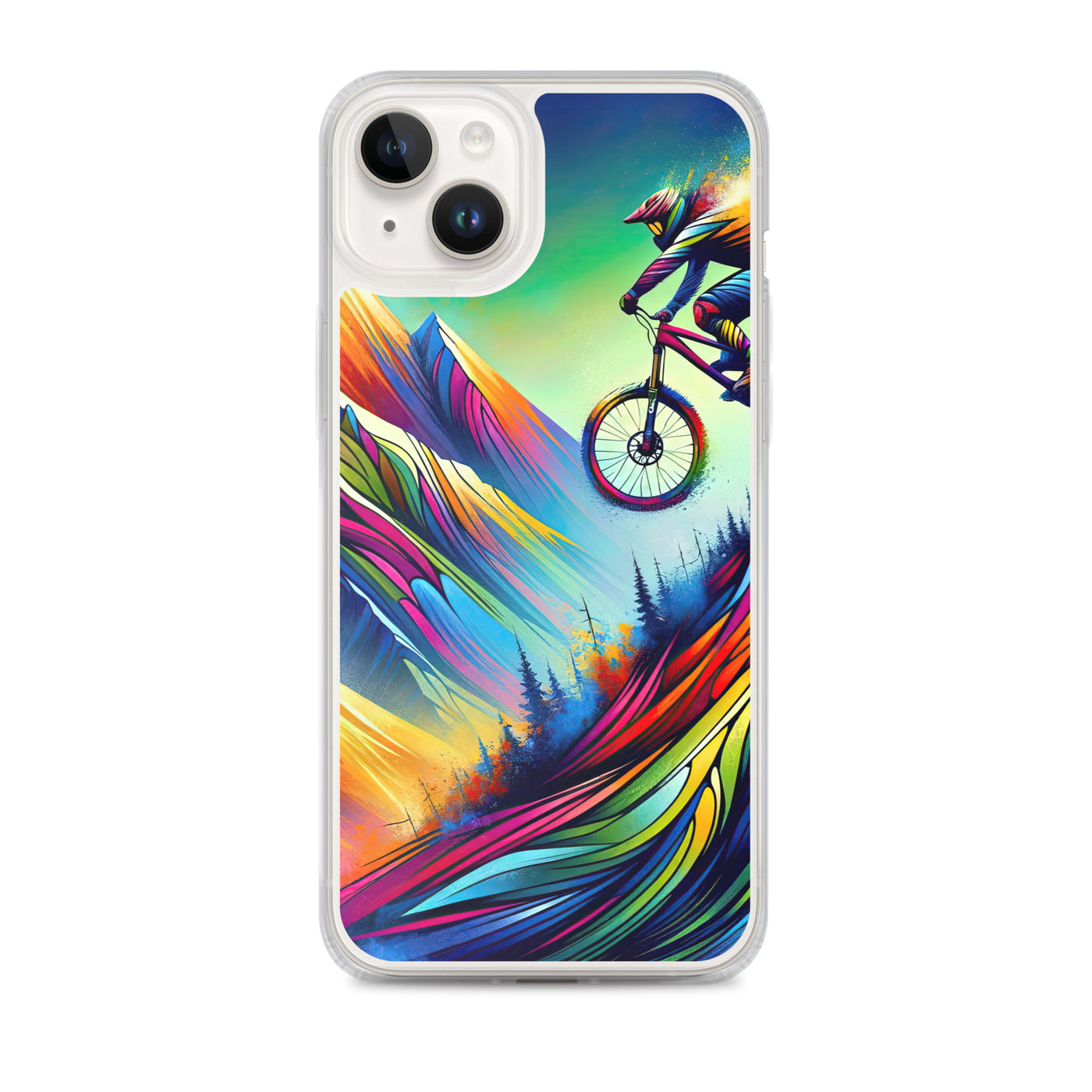 Mountainbiker in farbenfroher Alpenkulisse mit abstraktem Touch (M) - iPhone Schutzhülle (durchsichtig) xxx yyy zzz iPhone 14 Plus