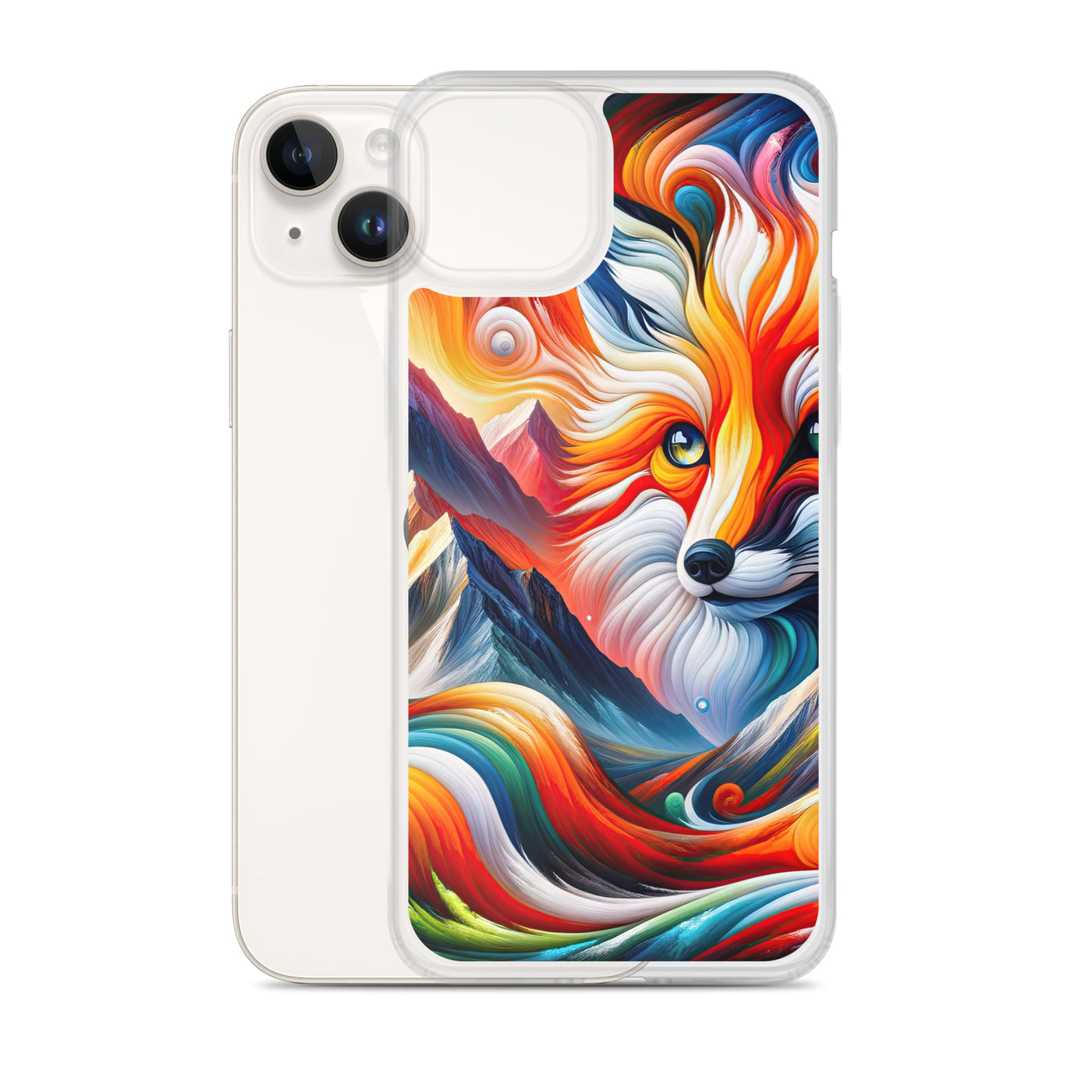 Abstrakte Kunst der Alpen voller lebendiger Farben und dynamischer Bewegung. Es dominiert ein farbiger Fuchs - iPhone Schutzhülle (durchsichtig) camping xxx yyy zzz