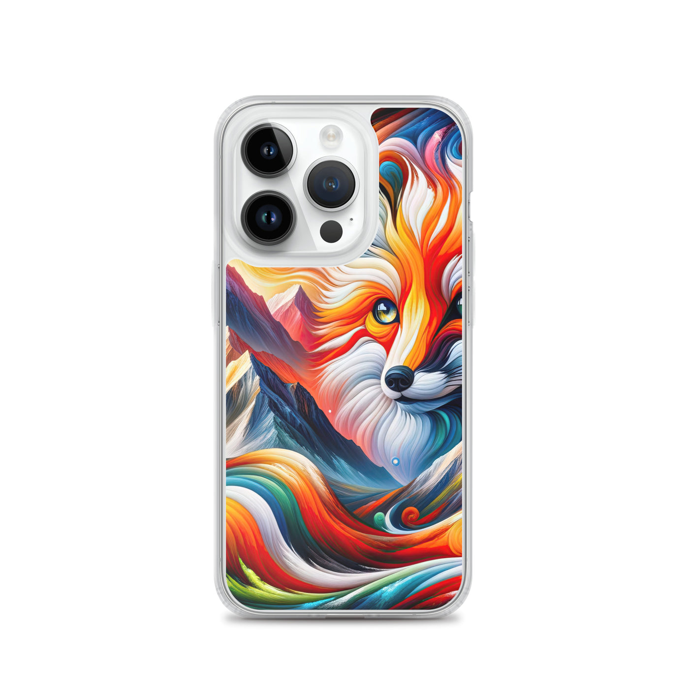 Abstrakte Kunst der Alpen voller lebendiger Farben und dynamischer Bewegung. Es dominiert ein farbiger Fuchs - iPhone Schutzhülle (durchsichtig) camping xxx yyy zzz iPhone 14 Pro