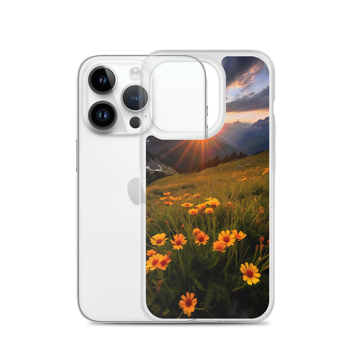 Gebirge, Sonnenblumen und Sonnenaufgang - iPhone Schutzhülle (durchsichtig) berge xxx