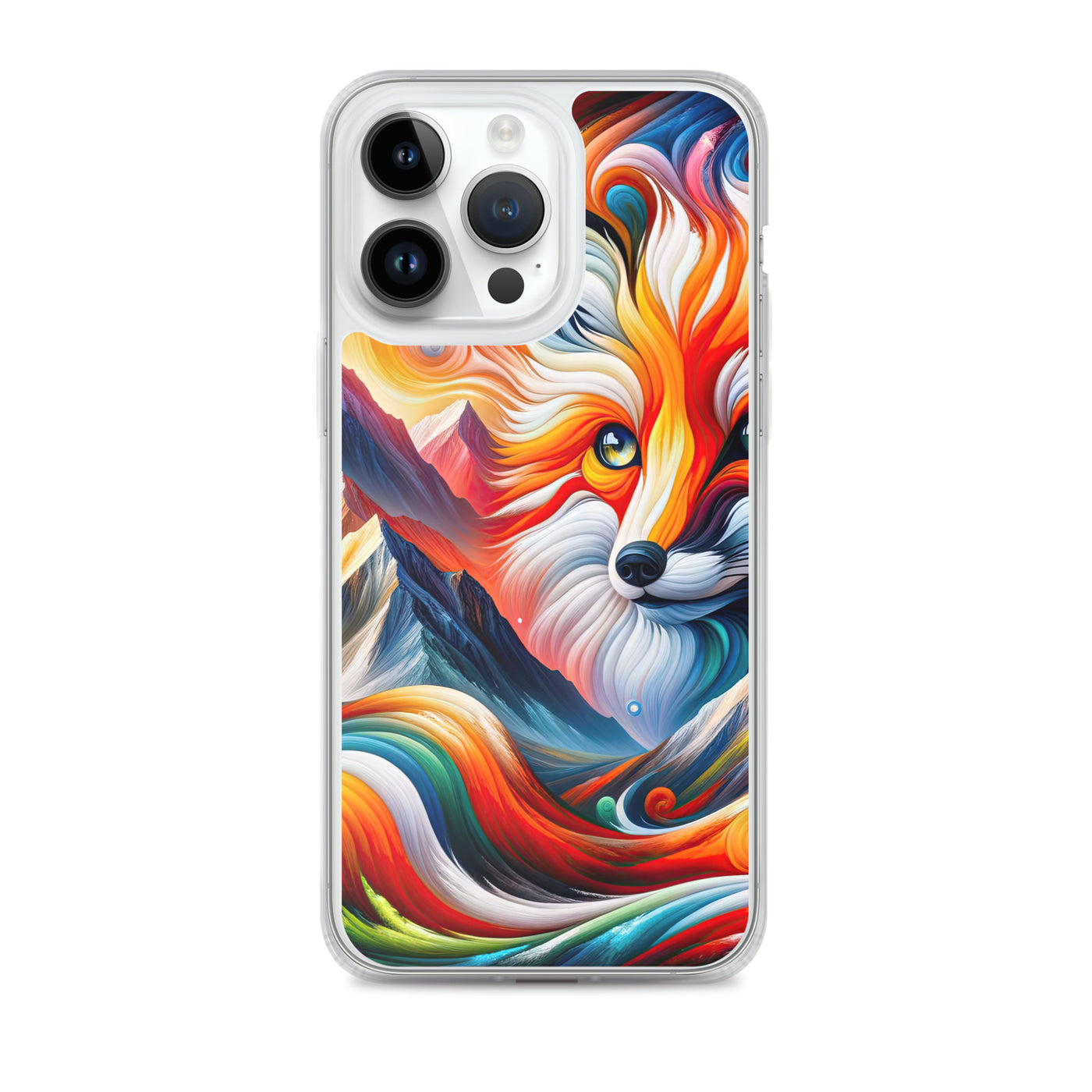 Abstrakte Kunst der Alpen voller lebendiger Farben und dynamischer Bewegung. Es dominiert ein farbiger Fuchs - iPhone Schutzhülle (durchsichtig) camping xxx yyy zzz iPhone 14 Pro Max