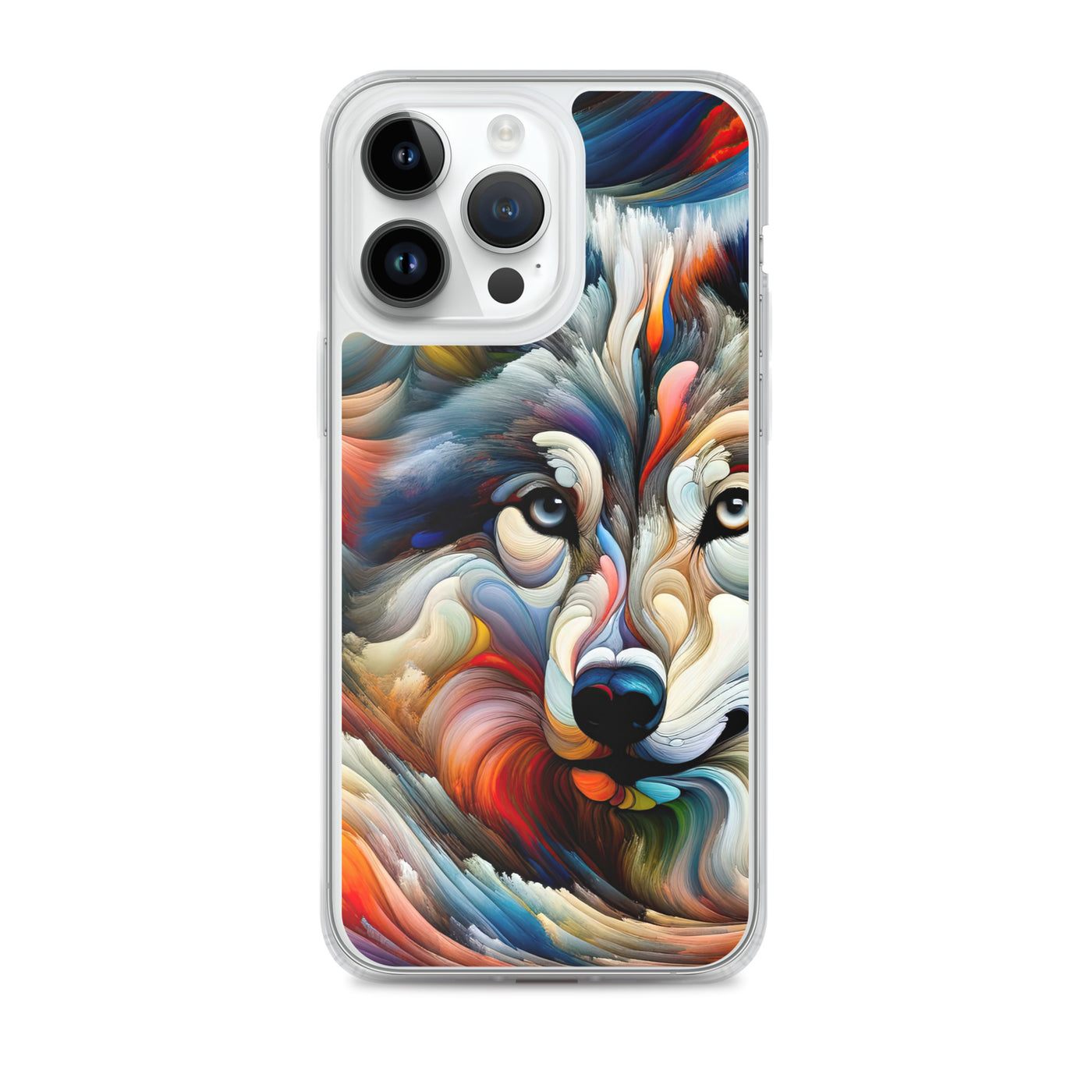 Abstrakte Kunst der Alpen mit einem Wolf. Chaotischer Tanz aus Farben und Formen. Surreale Landschaft (AN) - iPhone Schutzhülle (durchsichtig) xxx yyy zzz iPhone 14 Pro Max