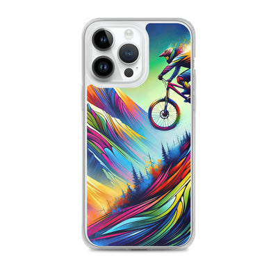 Mountainbiker in farbenfroher Alpenkulisse mit abstraktem Touch (M) - iPhone Schutzhülle (durchsichtig) xxx yyy zzz iPhone 14 Pro Max