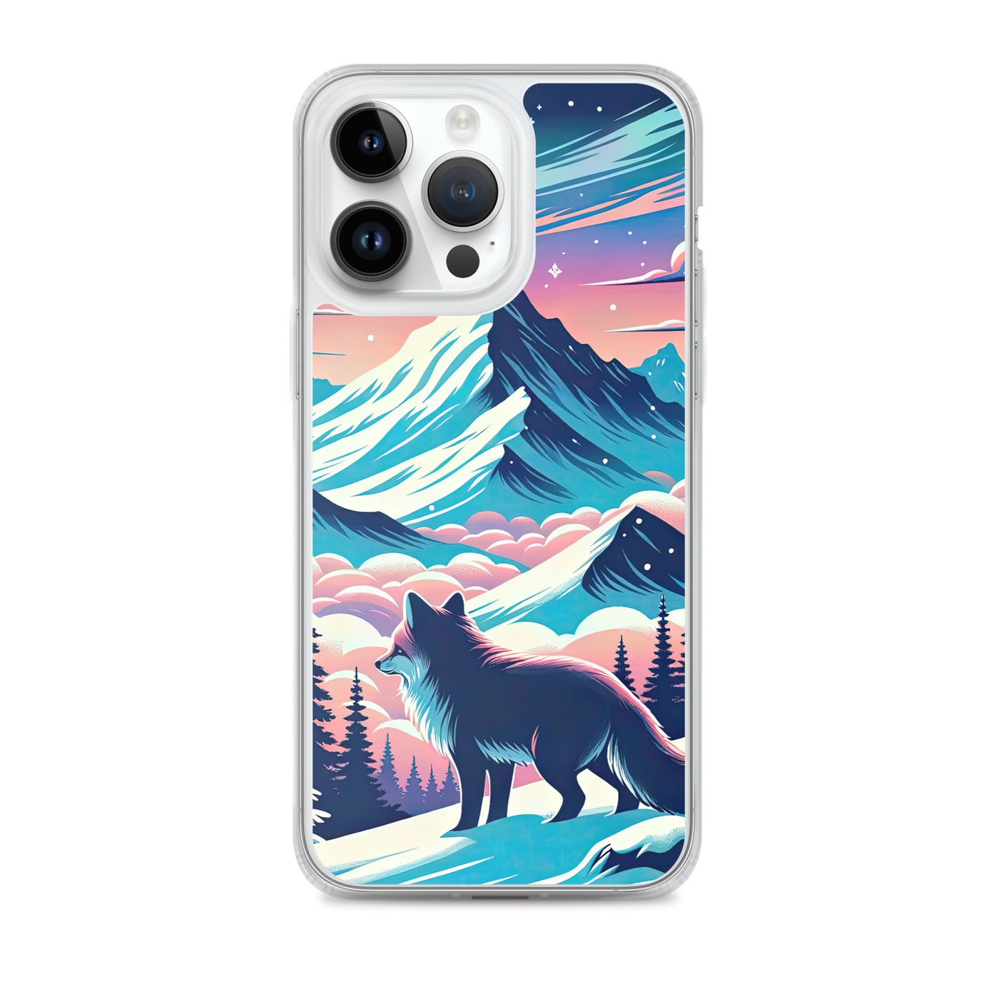 Vektorgrafik eines alpinen Winterwunderlandes mit schneebedeckten Kiefern und einem Fuchs - iPhone Schutzhülle (durchsichtig) camping xxx yyy zzz iPhone 14 Pro Max