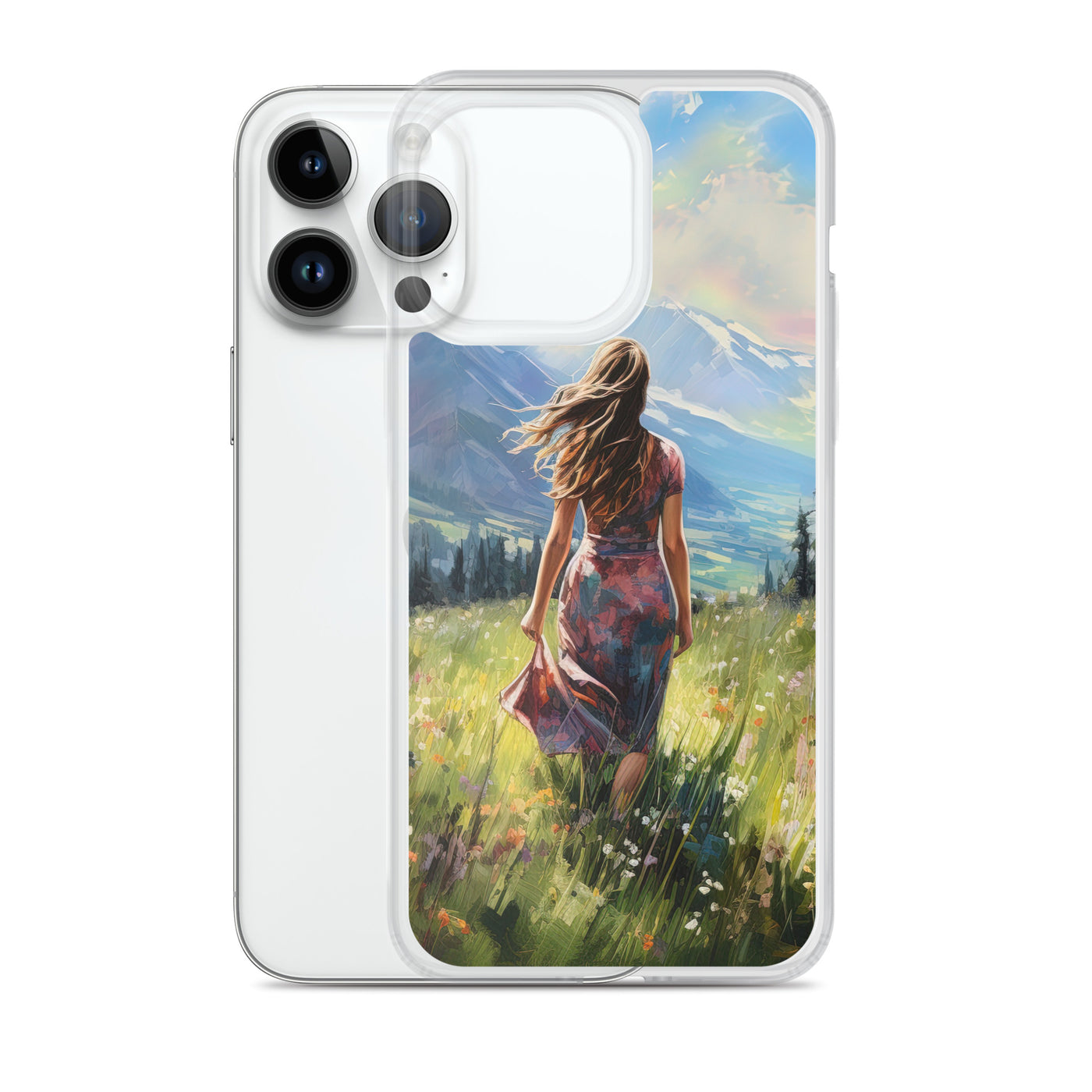 Frau mit langen Kleid im Feld mit Blumen - Berge im Hintergrund - Malerei - iPhone Schutzhülle (durchsichtig) berge xxx