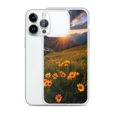 Gebirge, Sonnenblumen und Sonnenaufgang - iPhone Schutzhülle (durchsichtig) berge xxx