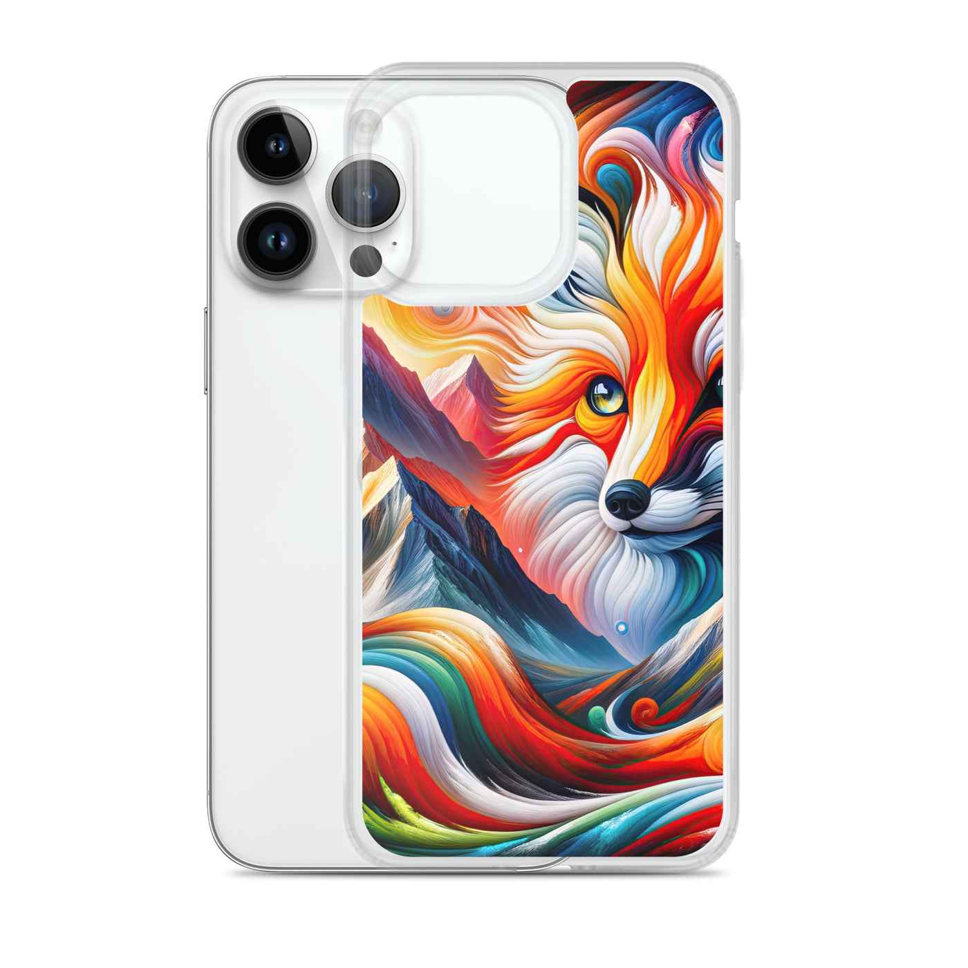 Abstrakte Kunst der Alpen voller lebendiger Farben und dynamischer Bewegung. Es dominiert ein farbiger Fuchs - iPhone Schutzhülle (durchsichtig) camping xxx yyy zzz