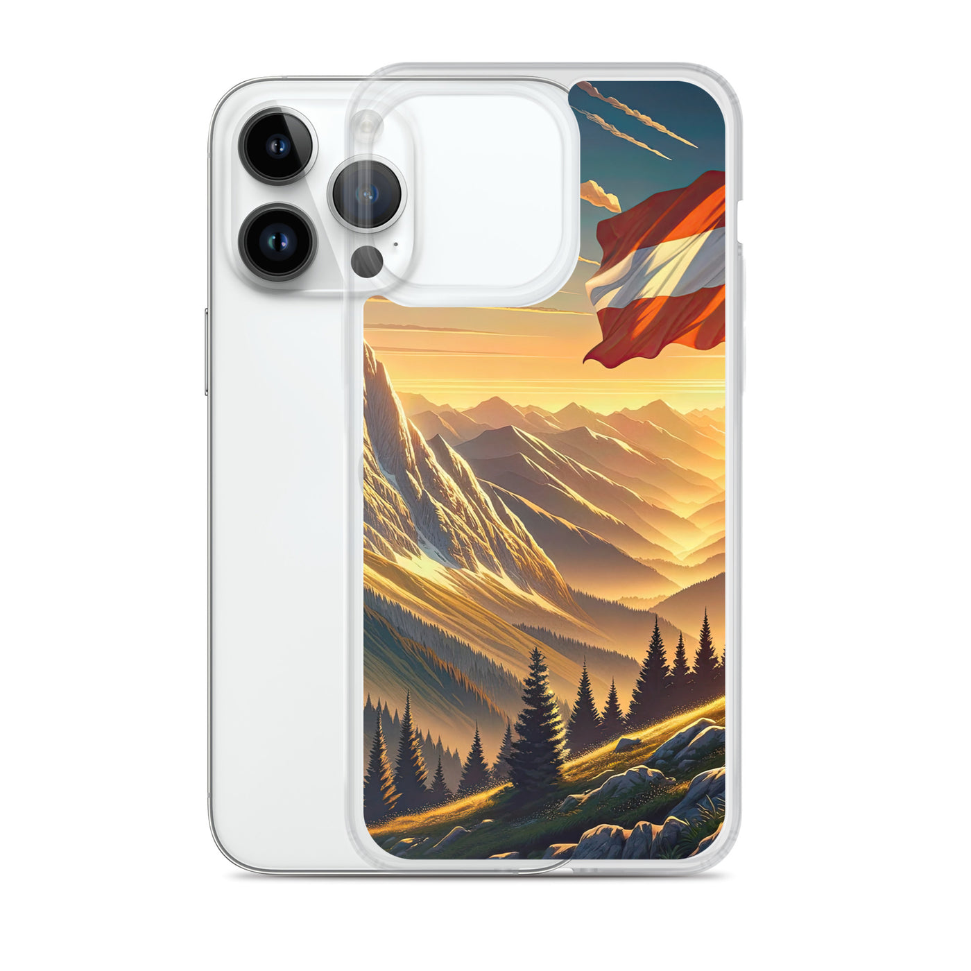 Ruhiger Alpenabend mit österreichischer Flagge und goldenem Sonnenuntergang - iPhone Schutzhülle (durchsichtig) berge xxx yyy zzz