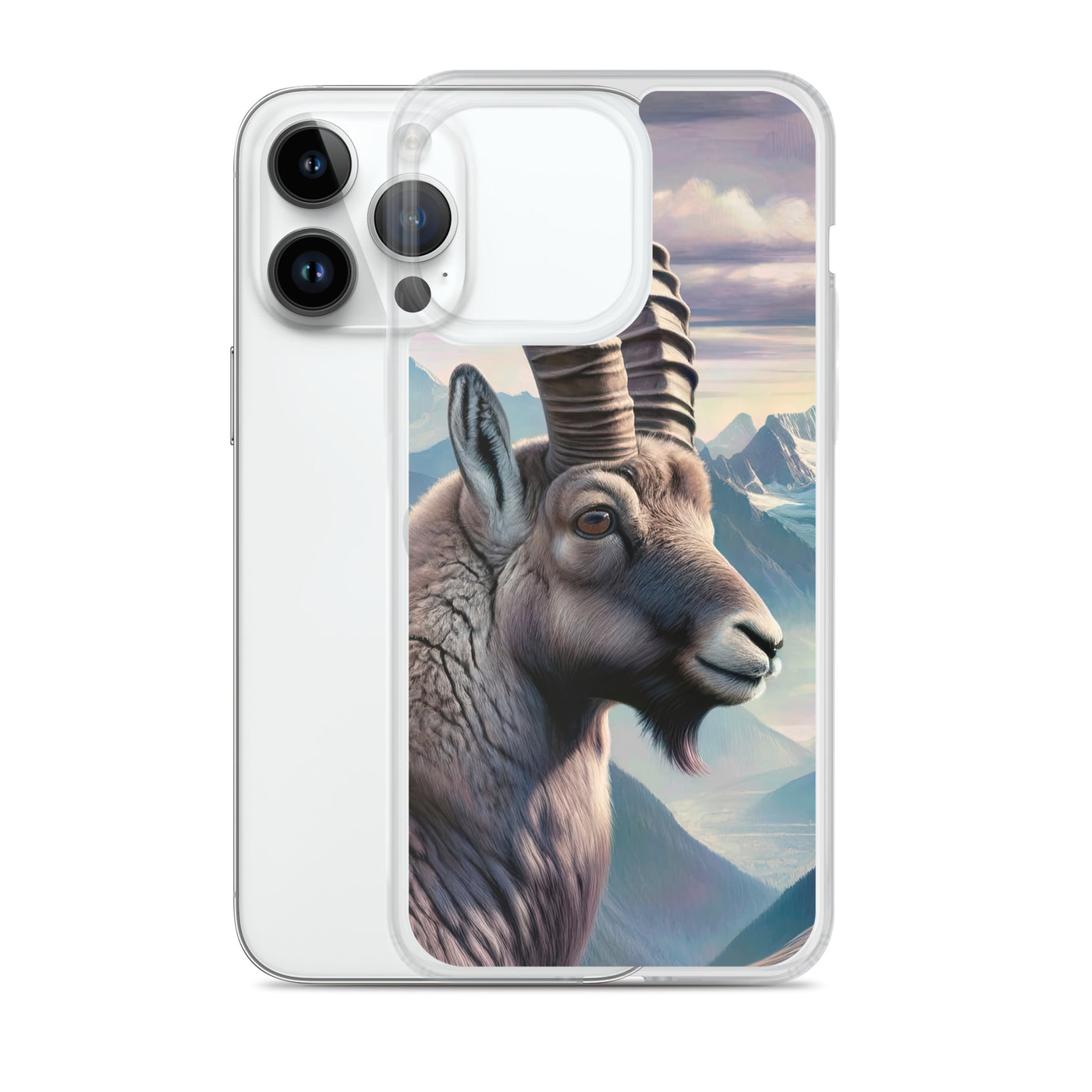 Digitales Steinbock-Porträt vor Alpenkulisse - iPhone Schutzhülle (durchsichtig) berge xxx yyy zzz