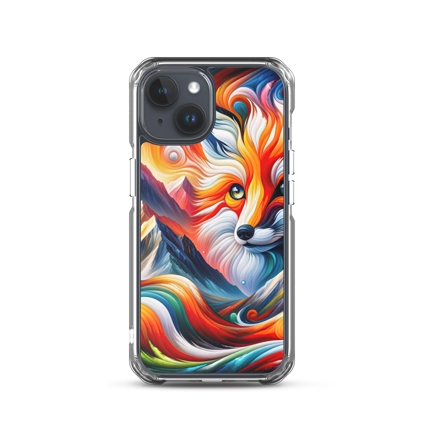 Abstrakte Kunst der Alpen voller lebendiger Farben und dynamischer Bewegung. Es dominiert ein farbiger Fuchs - iPhone Schutzhülle (durchsichtig) camping xxx yyy zzz iPhone 15