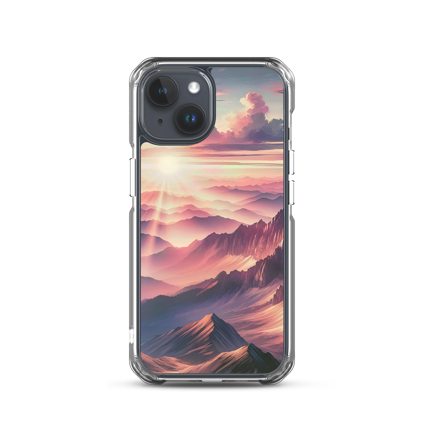 Schöne Berge bei Sonnenaufgang: Malerei in Pastelltönen - iPhone Schutzhülle (durchsichtig) berge xxx yyy zzz iPhone 15