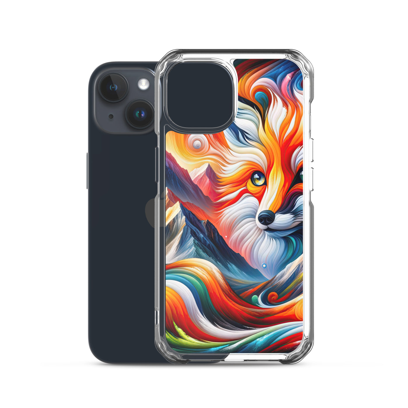 Abstrakte Kunst der Alpen voller lebendiger Farben und dynamischer Bewegung. Es dominiert ein farbiger Fuchs - iPhone Schutzhülle (durchsichtig) camping xxx yyy zzz