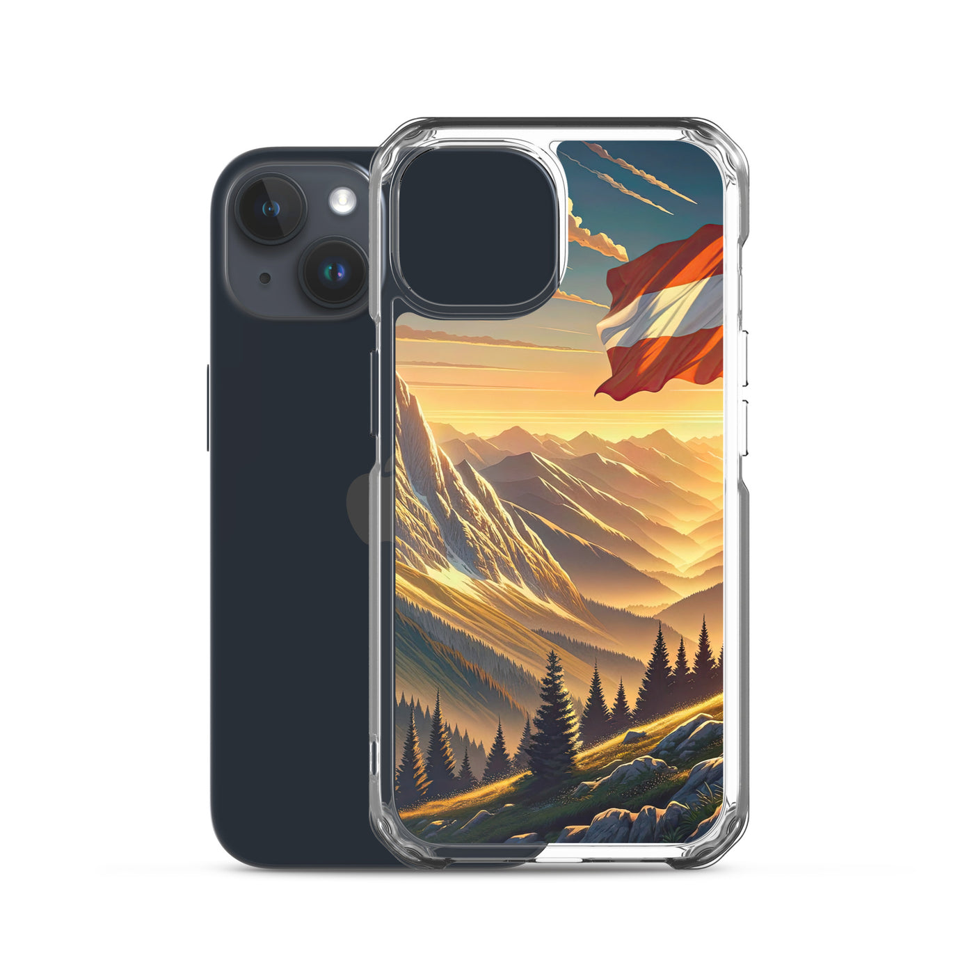 Ruhiger Alpenabend mit österreichischer Flagge und goldenem Sonnenuntergang - iPhone Schutzhülle (durchsichtig) berge xxx yyy zzz