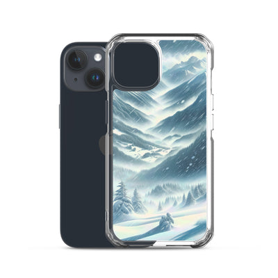 Alpine Wildnis im Wintersturm mit Skifahrer, verschneite Landschaft - iPhone Schutzhülle (durchsichtig) klettern ski xxx yyy zzz