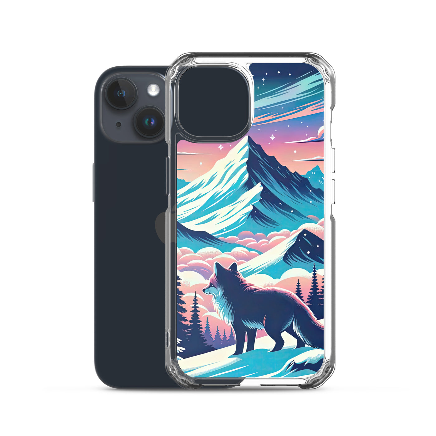 Vektorgrafik eines alpinen Winterwunderlandes mit schneebedeckten Kiefern und einem Fuchs - iPhone Schutzhülle (durchsichtig) camping xxx yyy zzz