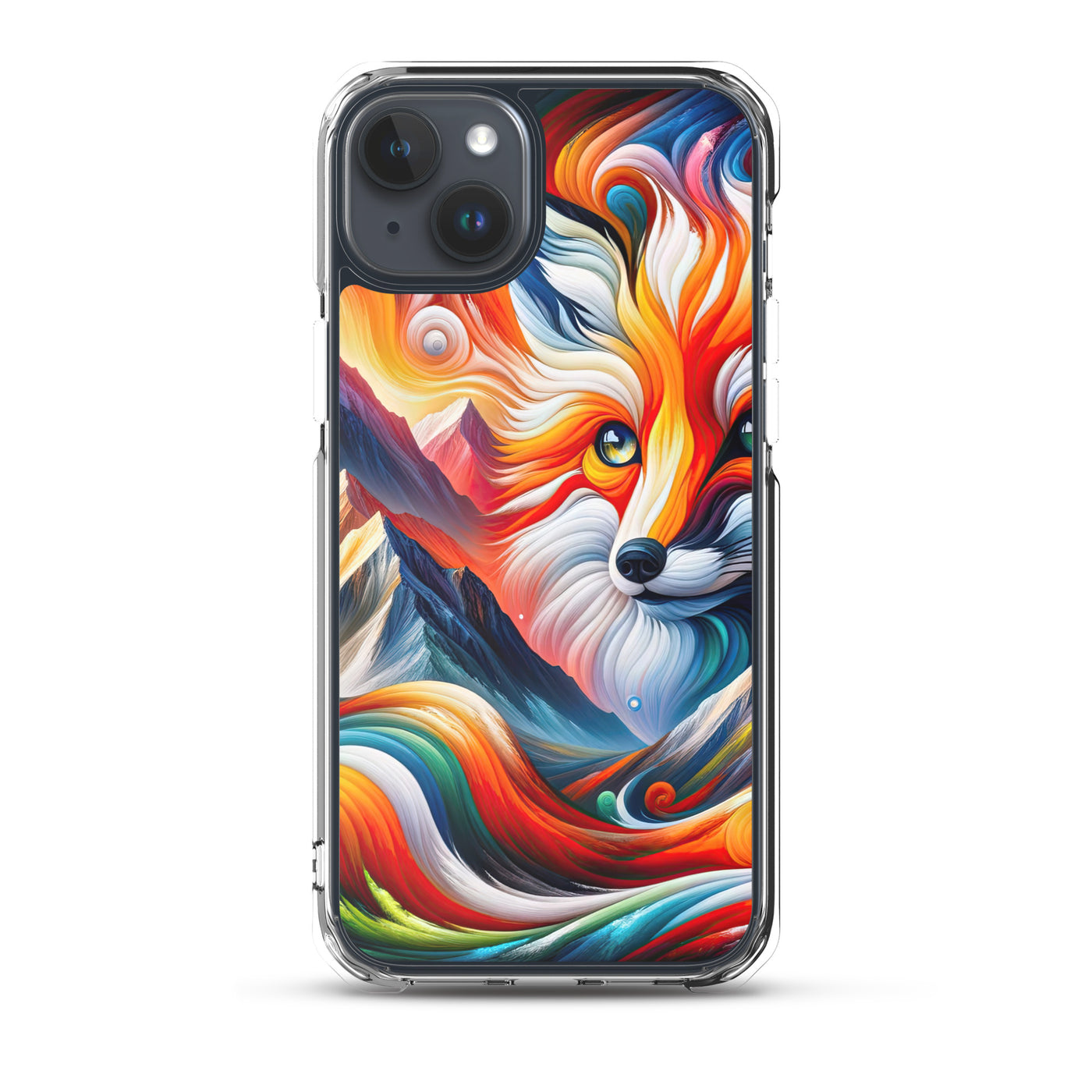 Abstrakte Kunst der Alpen voller lebendiger Farben und dynamischer Bewegung. Es dominiert ein farbiger Fuchs - iPhone Schutzhülle (durchsichtig) camping xxx yyy zzz iPhone 15 Plus