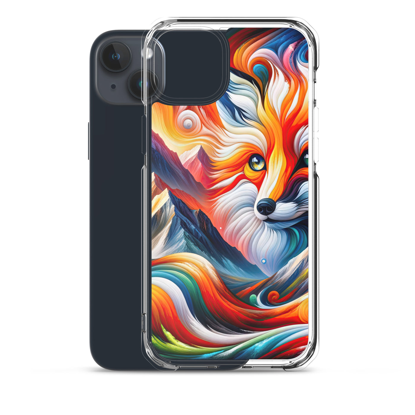 Abstrakte Kunst der Alpen voller lebendiger Farben und dynamischer Bewegung. Es dominiert ein farbiger Fuchs - iPhone Schutzhülle (durchsichtig) camping xxx yyy zzz