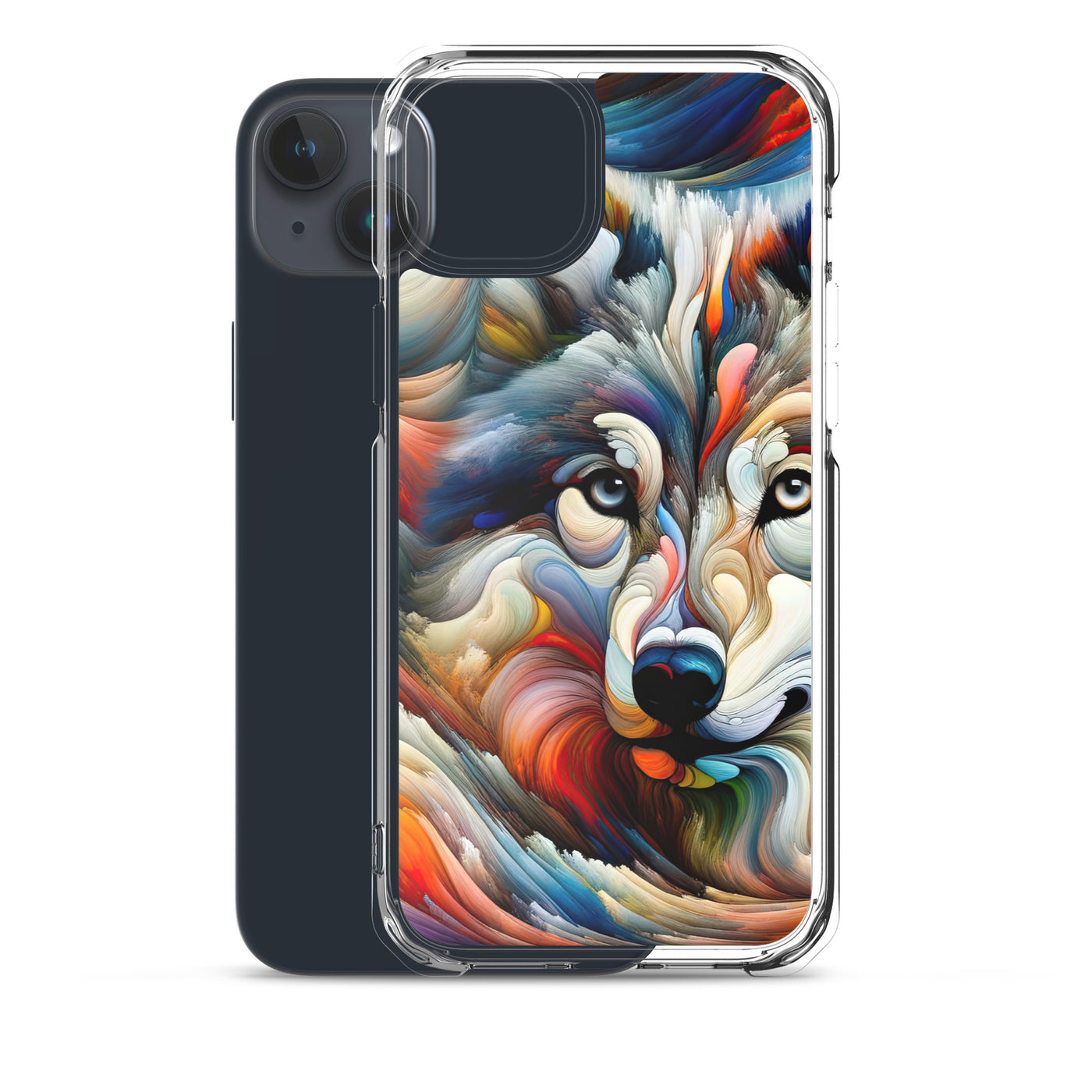 Abstrakte Kunst der Alpen mit einem Wolf. Chaotischer Tanz aus Farben und Formen. Surreale Landschaft (AN) - iPhone Schutzhülle (durchsichtig) xxx yyy zzz