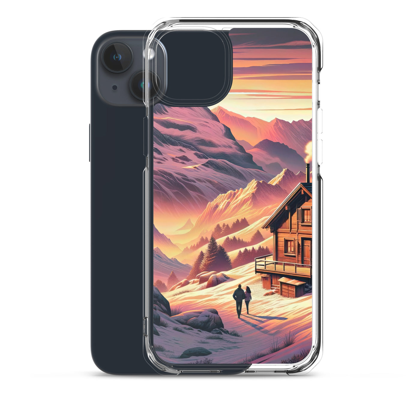 Berghütte im goldenen Sonnenuntergang: Digitale Alpenillustration - iPhone Schutzhülle (durchsichtig) berge xxx yyy zzz