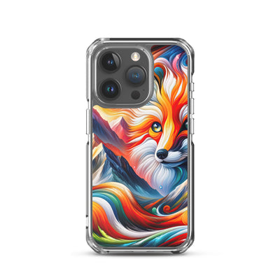 Abstrakte Kunst der Alpen voller lebendiger Farben und dynamischer Bewegung. Es dominiert ein farbiger Fuchs - iPhone Schutzhülle (durchsichtig) camping xxx yyy zzz iPhone 15 Pro