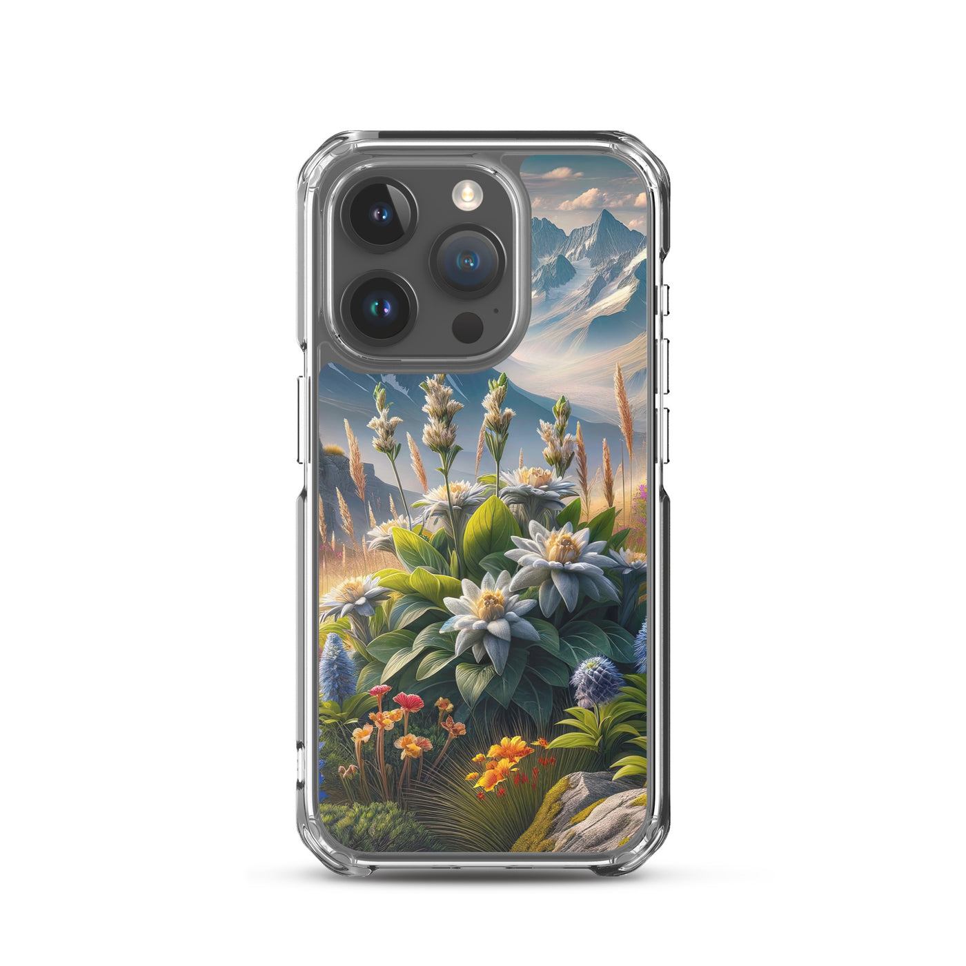 Alpine Flora: Digitales Kunstwerk mit lebendigen Blumen - iPhone Schutzhülle (durchsichtig) berge xxx yyy zzz iPhone 15 Pro