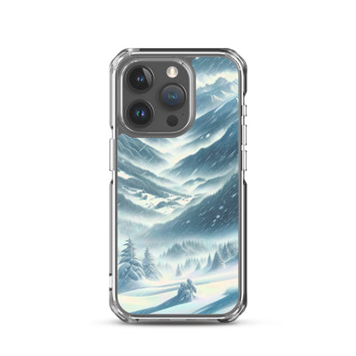 Alpine Wildnis im Wintersturm mit Skifahrer, verschneite Landschaft - iPhone Schutzhülle (durchsichtig) klettern ski xxx yyy zzz iPhone 15 Pro