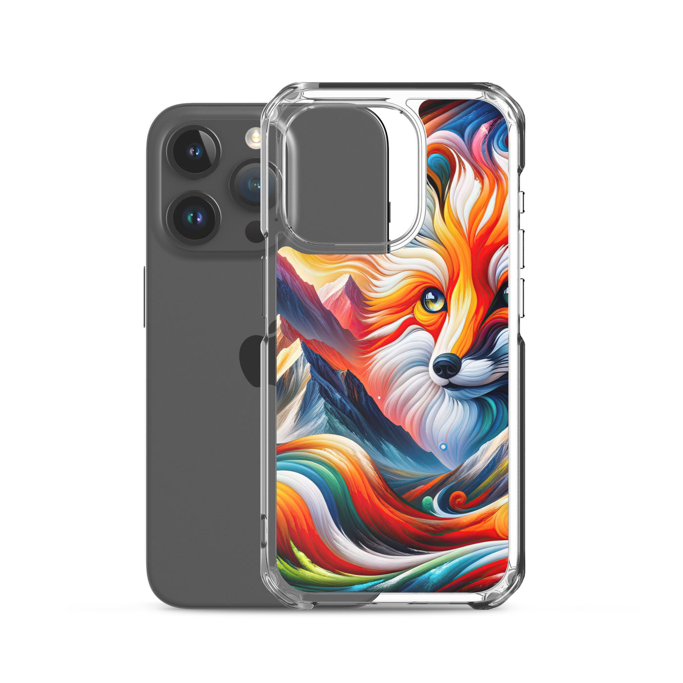 Abstrakte Kunst der Alpen voller lebendiger Farben und dynamischer Bewegung. Es dominiert ein farbiger Fuchs - iPhone Schutzhülle (durchsichtig) camping xxx yyy zzz