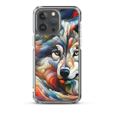 Abstrakte Kunst der Alpen mit einem Wolf. Chaotischer Tanz aus Farben und Formen. Surreale Landschaft (AN) - iPhone Schutzhülle (durchsichtig) xxx yyy zzz iPhone 15 Pro Max