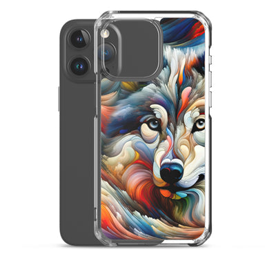 Abstrakte Kunst der Alpen mit einem Wolf. Chaotischer Tanz aus Farben und Formen. Surreale Landschaft (AN) - iPhone Schutzhülle (durchsichtig) xxx yyy zzz