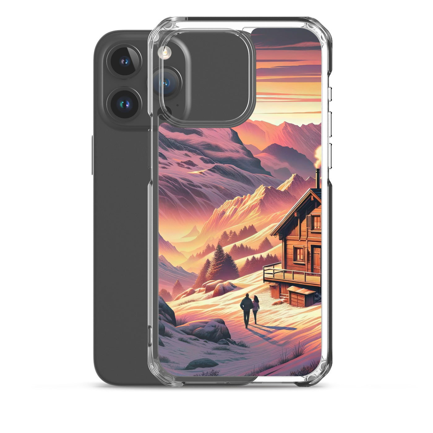 Berghütte im goldenen Sonnenuntergang: Digitale Alpenillustration - iPhone Schutzhülle (durchsichtig) berge xxx yyy zzz