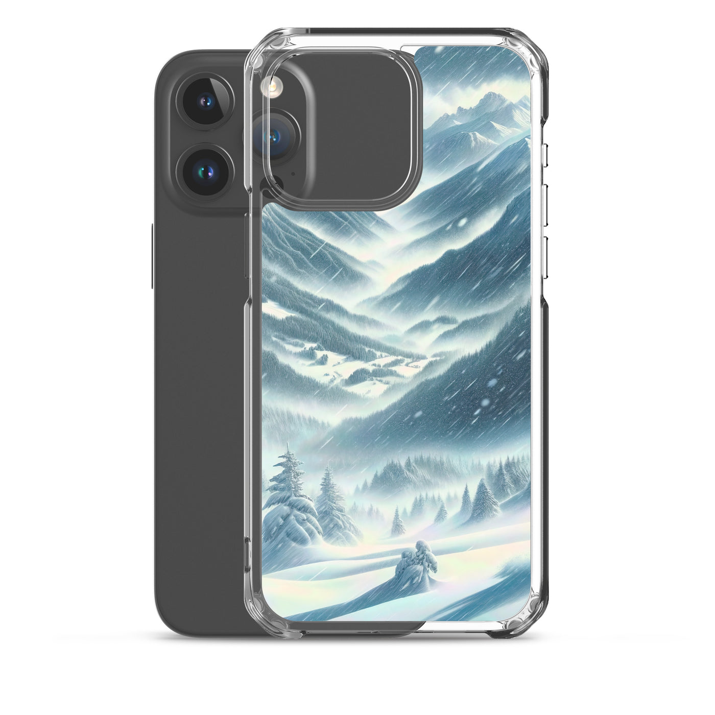 Alpine Wildnis im Wintersturm mit Skifahrer, verschneite Landschaft - iPhone Schutzhülle (durchsichtig) klettern ski xxx yyy zzz