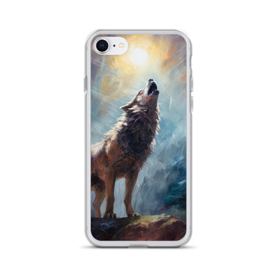 Heulender Wolf auf Berggipfel und Mond im Hintergrund – Abstrakte Malerei - iPhone Schutzhülle (durchsichtig) camping xxx iPhone 7 8