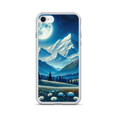 Klare frühlingshafte Alpennacht mit Blumen und Vollmond über Schneegipfeln - iPhone Schutzhülle (durchsichtig) berge xxx yyy zzz iPhone 7 8