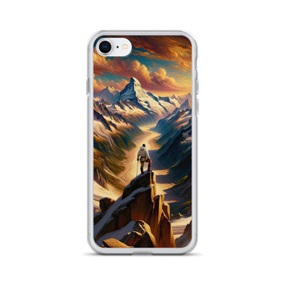 Ölgemälde eines Wanderers auf einem Hügel mit Panoramablick auf schneebedeckte Alpen und goldenen Himmel - iPhone Schutzhülle (durchsichtig) wandern xxx yyy zzz iPhone 7 8