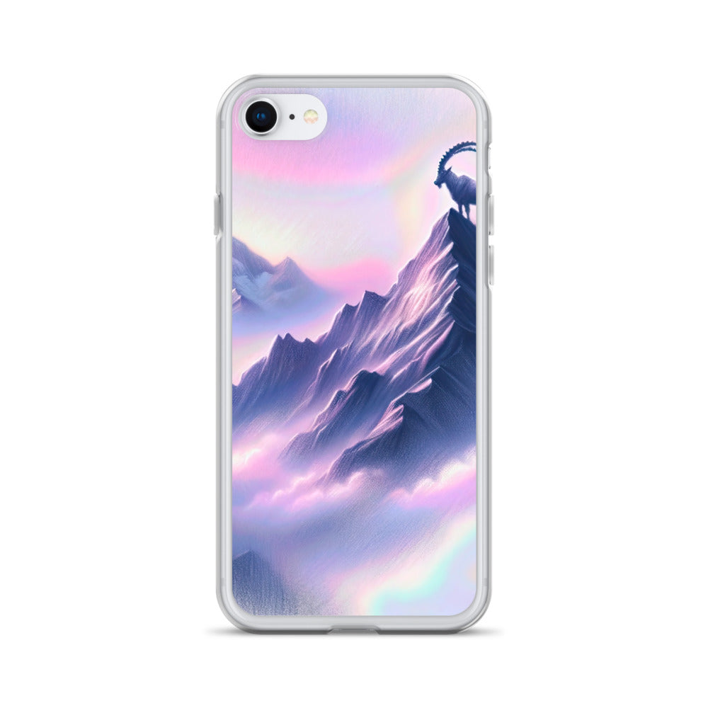 Pastellzeichnung der Alpen im Morgengrauen mit Steinbock in Rosa- und Lavendeltönen - iPhone Schutzhülle (durchsichtig) berge xxx yyy zzz iPhone 7 8